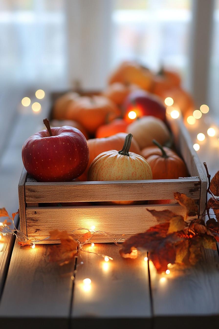 fall decor table centerpiece with apple crate with pumpkins and fairy lights 1