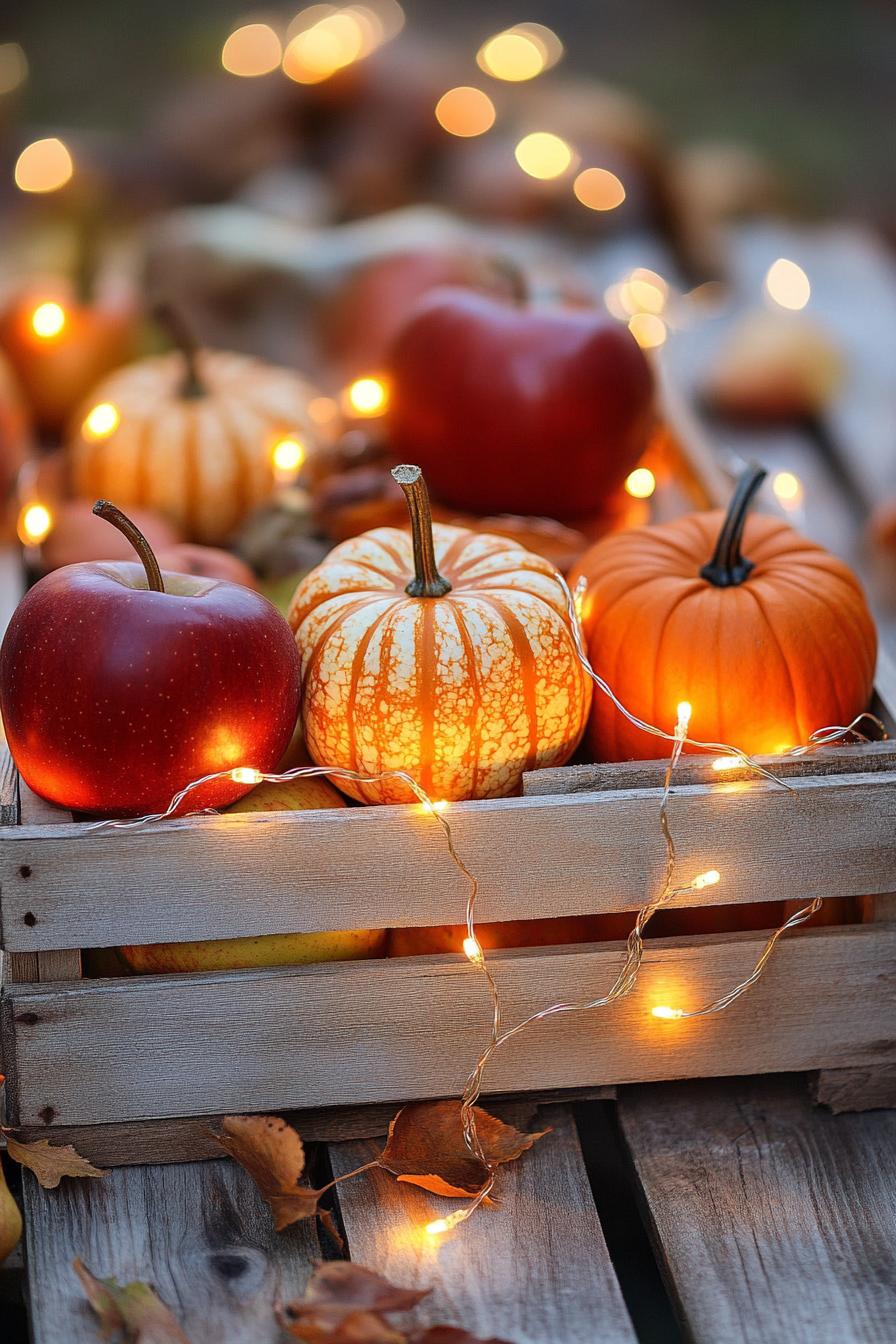 fall decor table centerpiece with apple crate with pumpkins and fairy lights 2