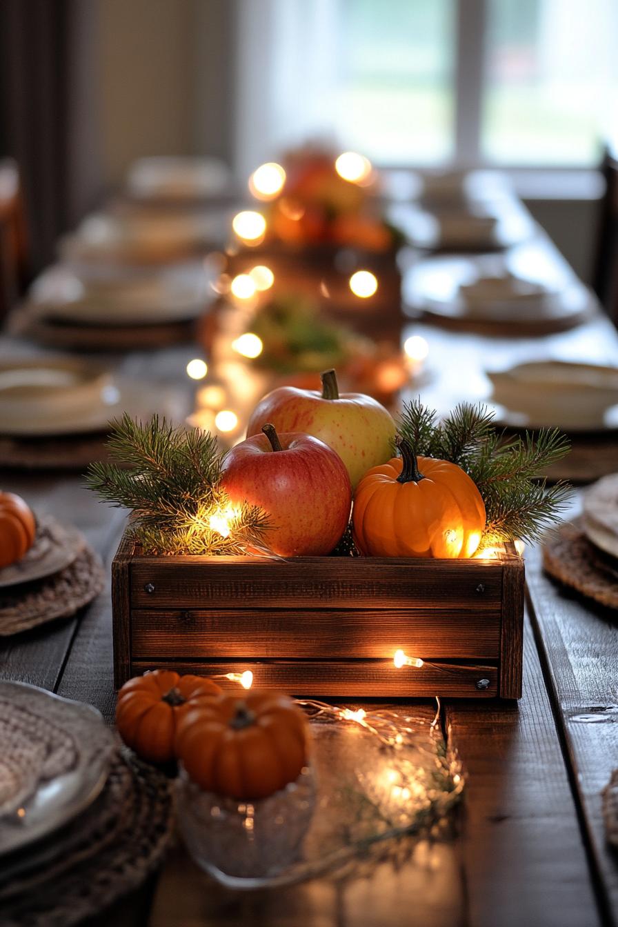 fall decor table centerpiece with apple crate with pumpkins and fairy lights 3