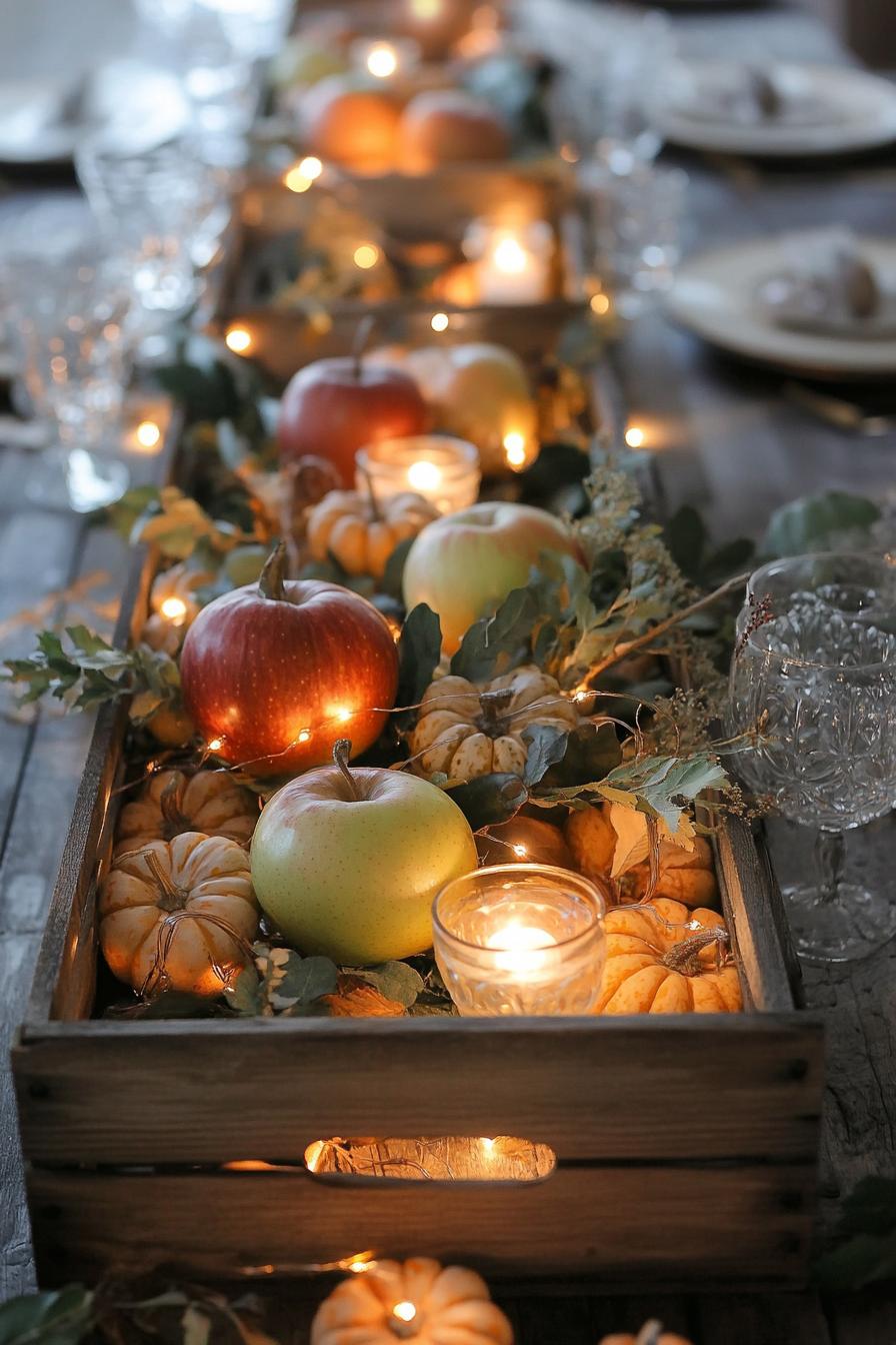 fall decor table centerpiece with apple crate with pumpkins and fairy lights