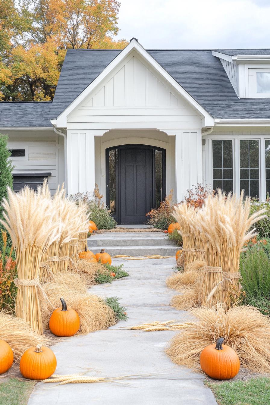 home front yard decorated for fall with wheat bundles pumpkins 1