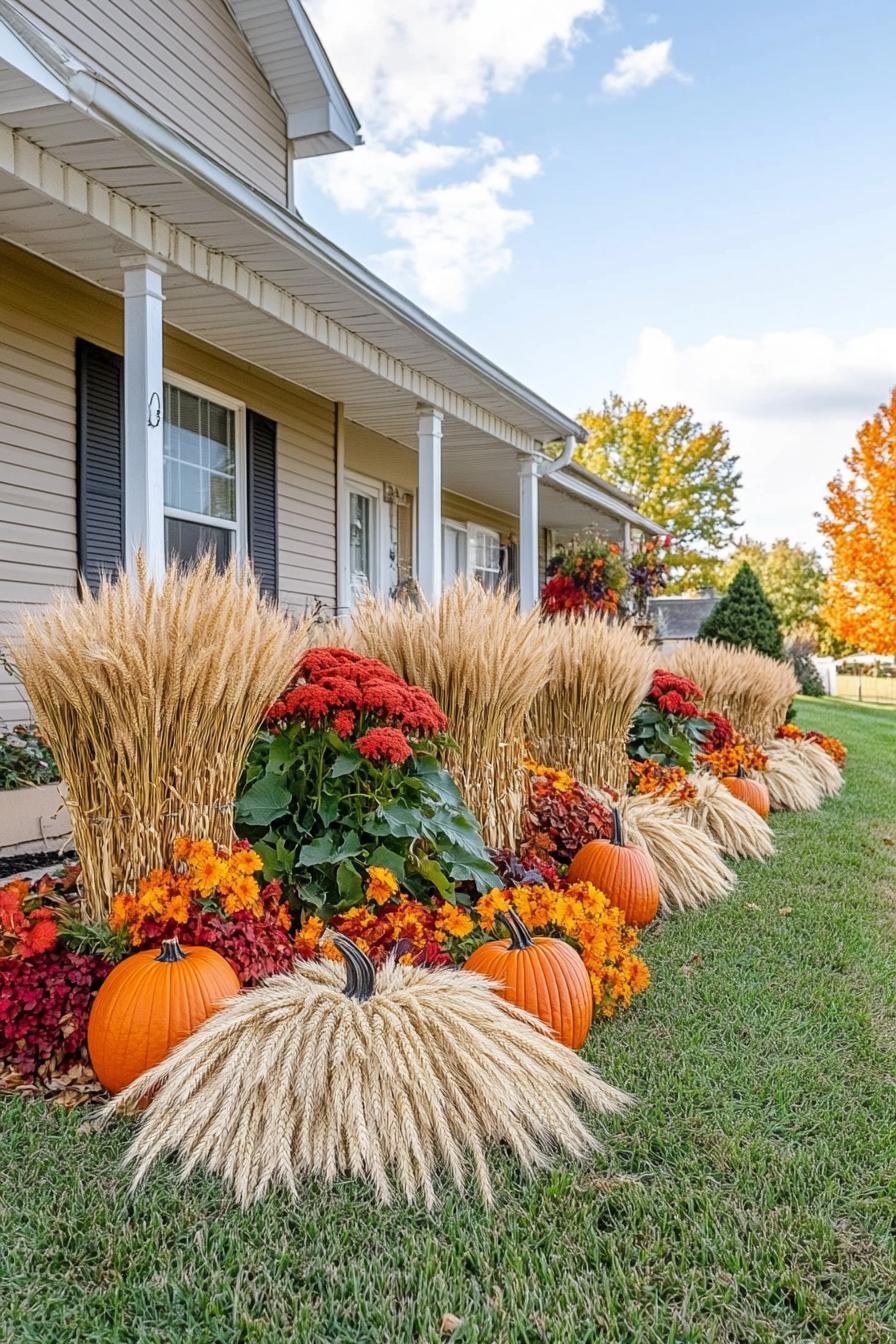 home front yard decorated for fall with wheat bundles pumpkins 2