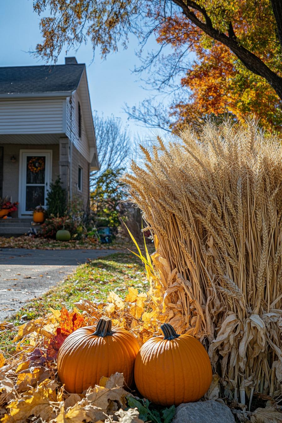 home front yard decorated for fall with wheat bundles pumpkins 3