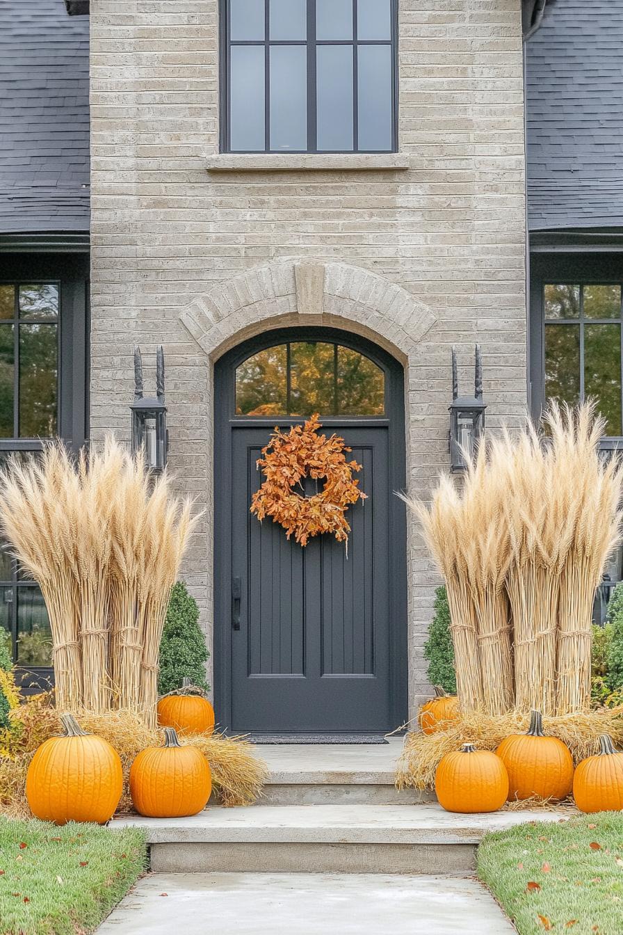 home front yard decorated for fall with wheat bundles pumpkins