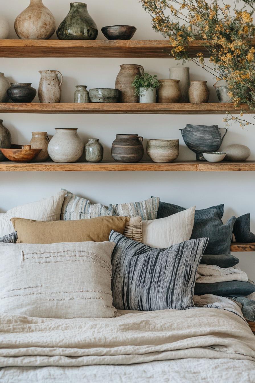 modern boho bedroom interior with pottery decor on open shelves 1