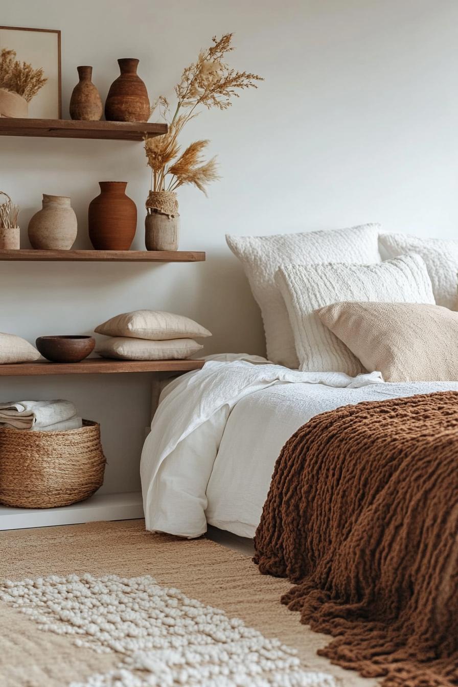 modern boho bedroom interior with pottery decor on open shelves 2