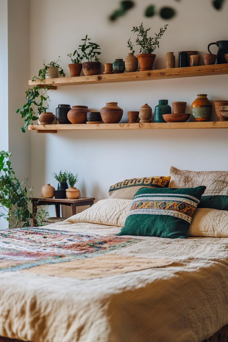 modern boho bedroom interior with pottery decor on open shelves 3