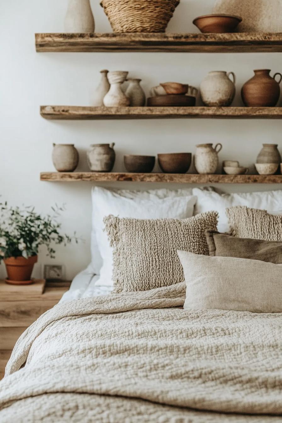 modern boho bedroom interior with pottery decor on open shelves