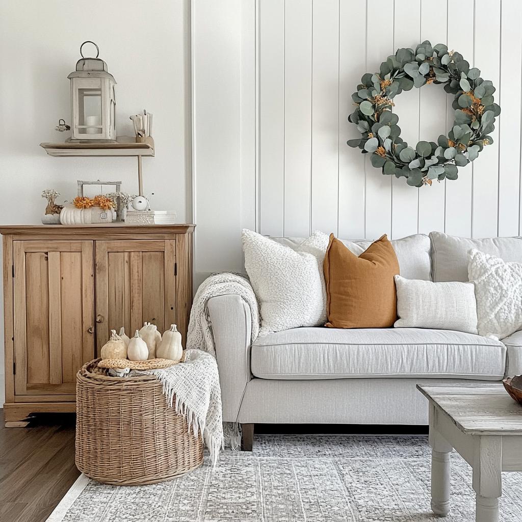 modern farmhouse interior living room fall decor with eucalyptus wreath 1