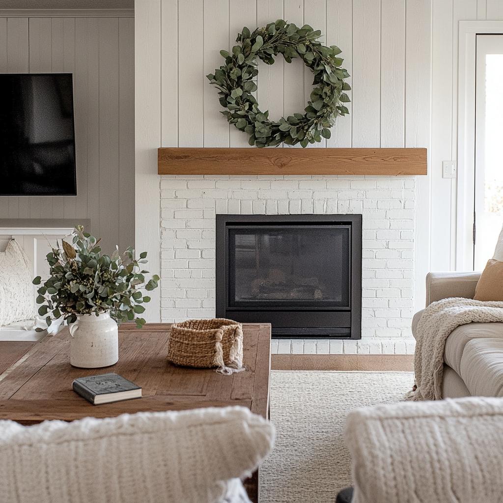 modern farmhouse interior living room fall decor with eucalyptus wreath 2