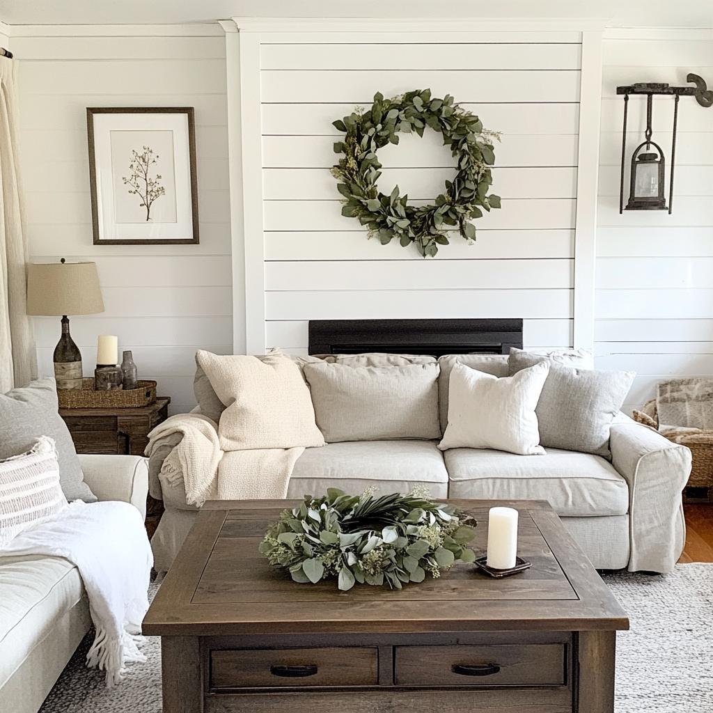 modern farmhouse interior living room fall decor with eucalyptus wreath 3