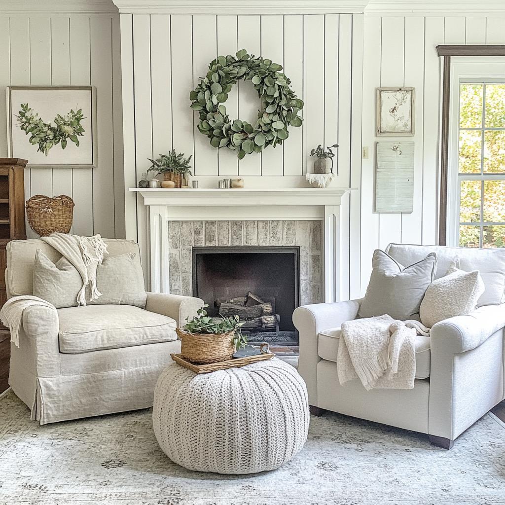 modern farmhouse interior living room fall decor with eucalyptus wreath