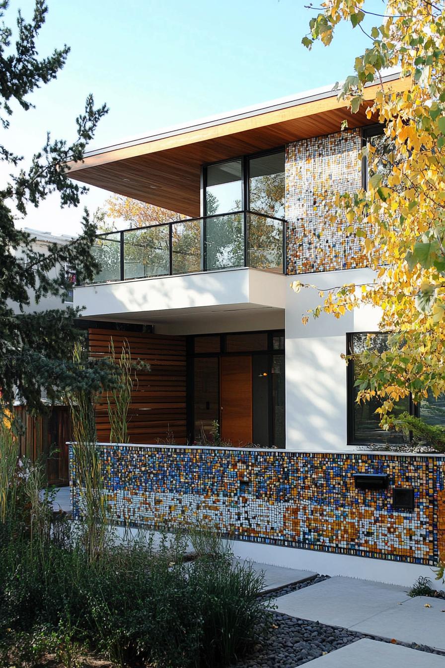 modern house front mosaic fence wide view