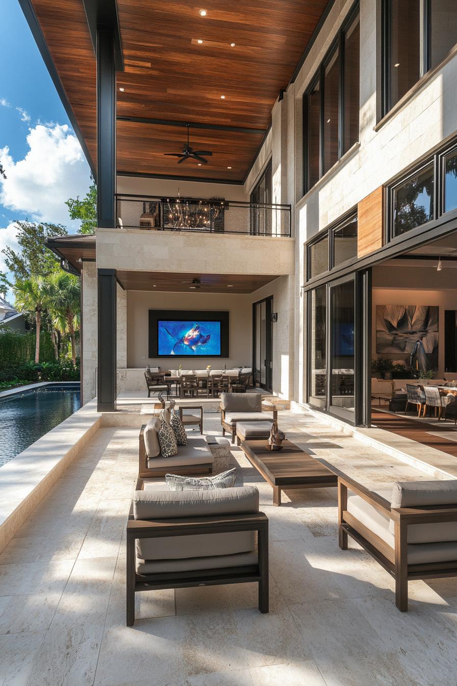 modern house outdoor space with seating area and large TV 1