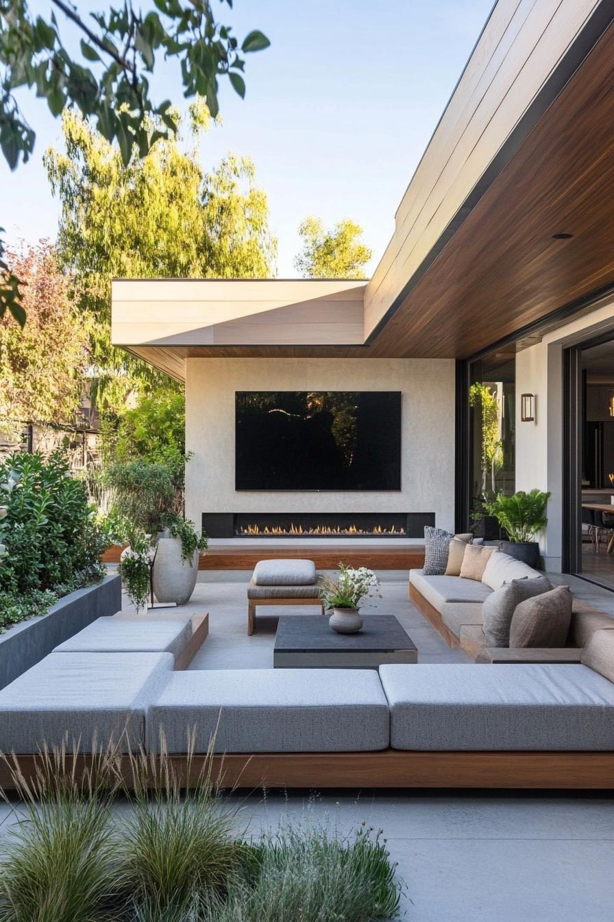 modern house outdoor space with seating area and large TV 2