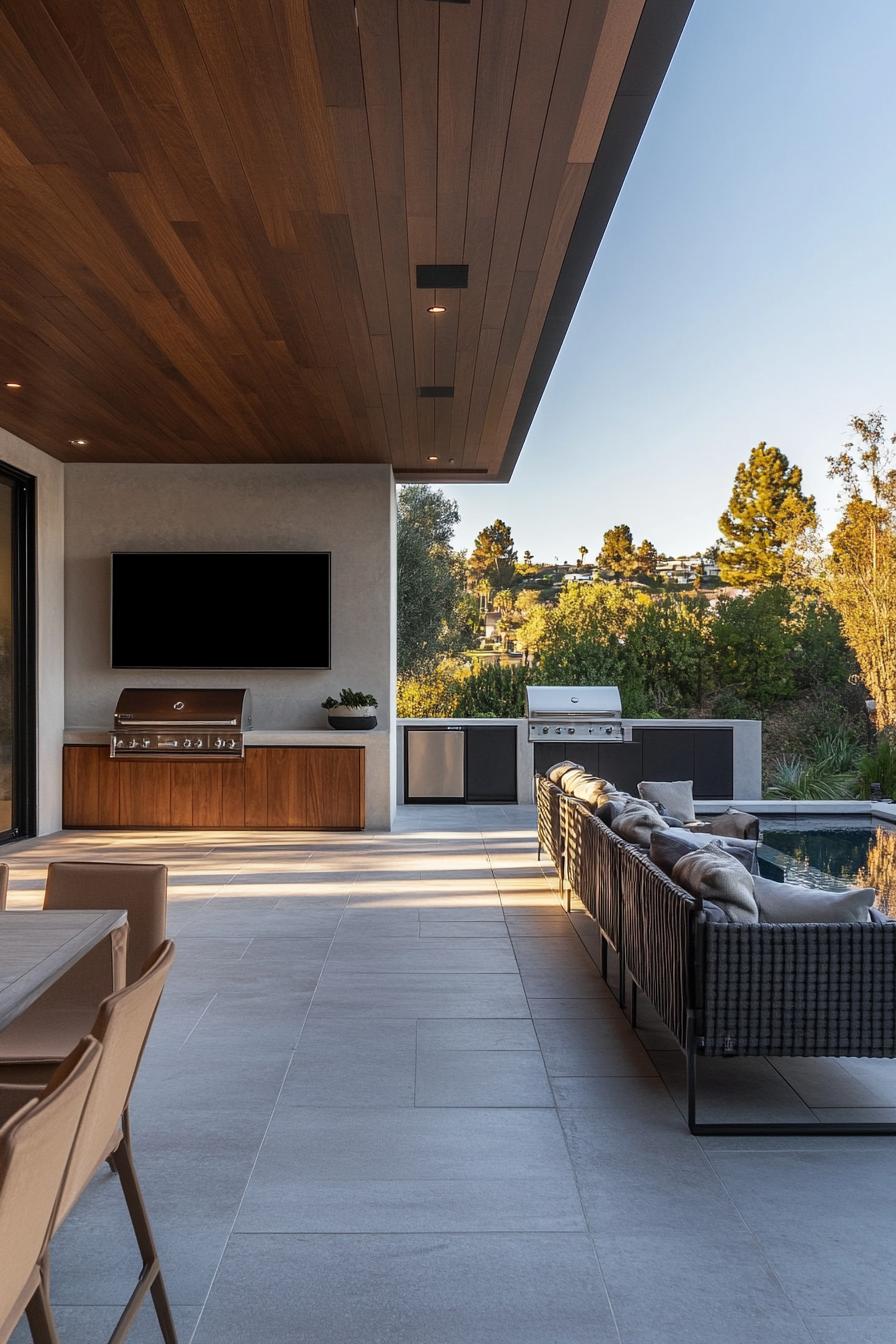 modern house outdoor space with seating area and large TV 3