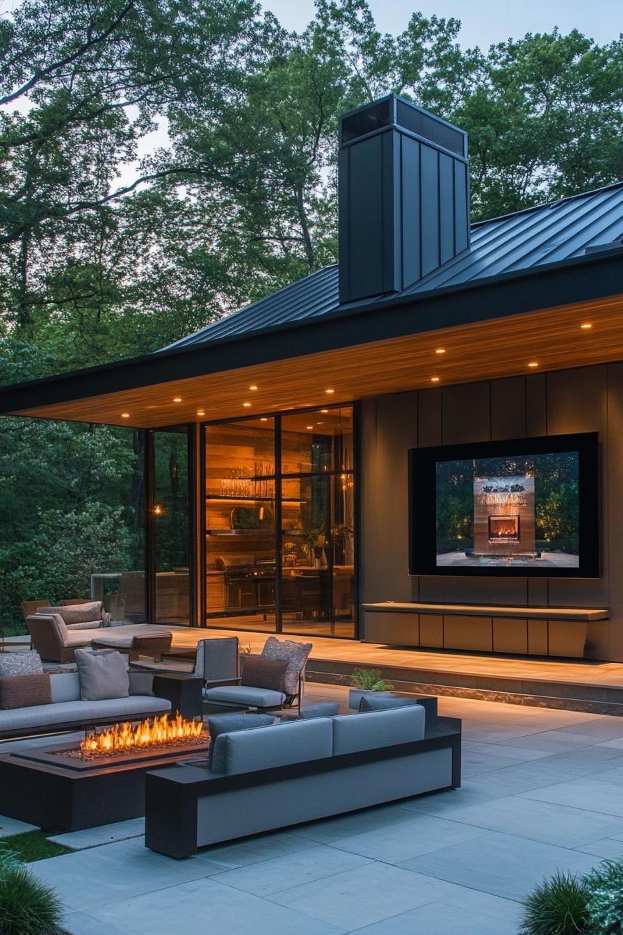 modern house outdoor space with seating area and large TV