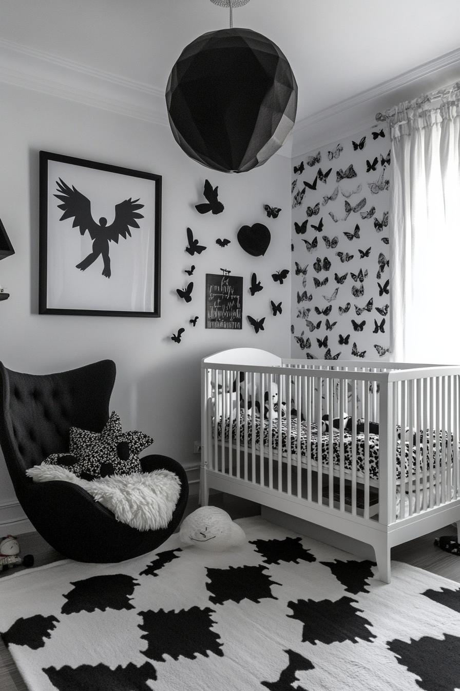 stunningly unique detailed nursery interior in monochrome modern chic theme