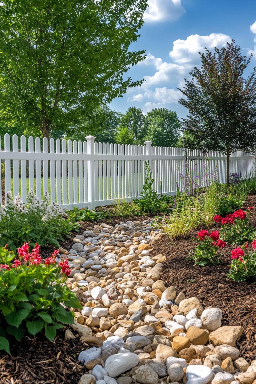 backyard garden fenced with picket fence river rock garden design with mulch and flower bushes trees 1