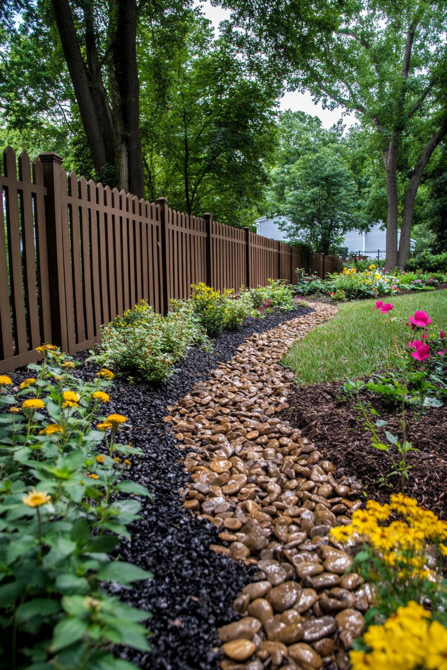 backyard garden fenced with picket fence river rock garden design with mulch and flower bushes trees 2