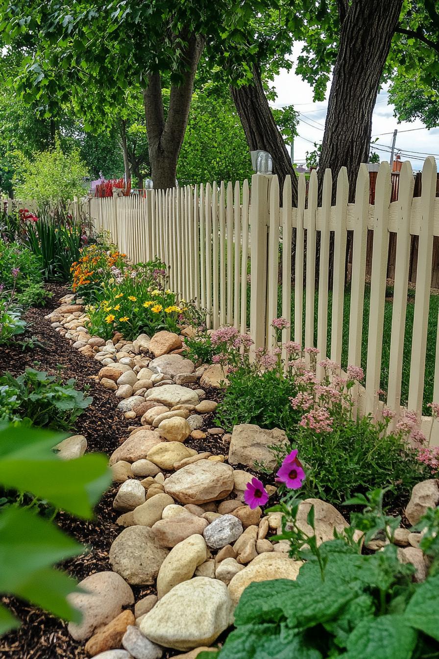 backyard garden fenced with picket fence river rock garden design with mulch and flower bushes trees