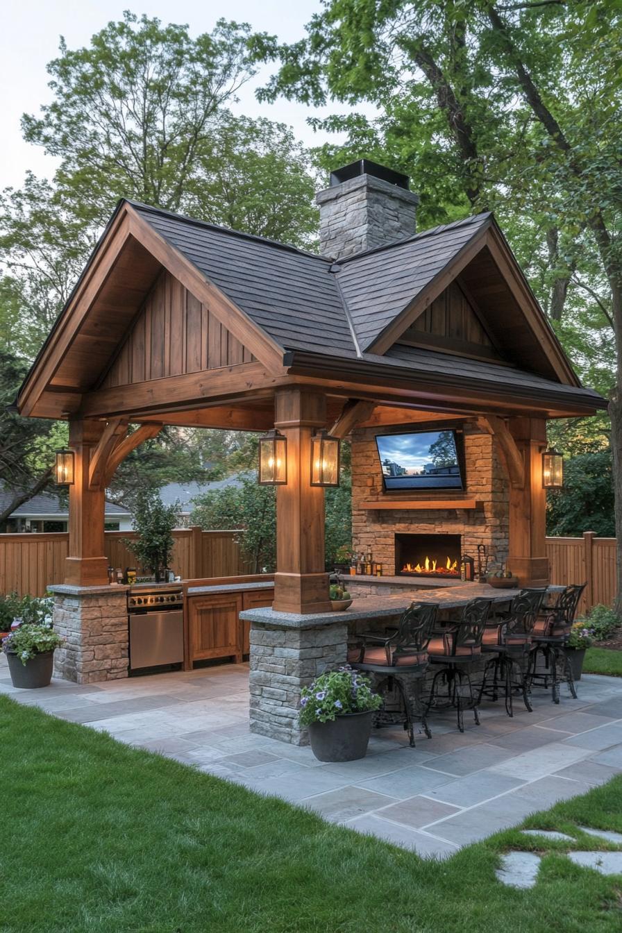 backyard gazebo in the corner at a wooden vertical slat fence gazebo wooden frame with columns on stone foundations and pitched roof lantern lamps 1