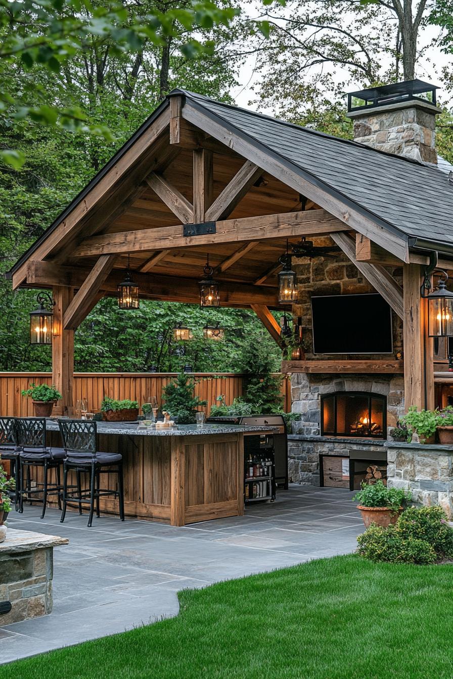 backyard gazebo in the corner at a wooden vertical slat fence gazebo wooden frame with columns on stone foundations and pitched roof lantern lamps 2