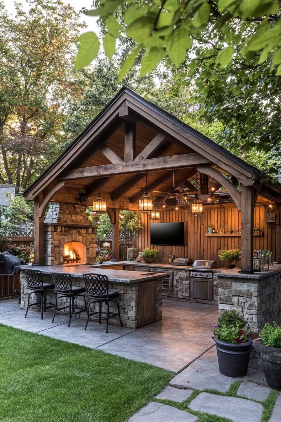 backyard gazebo in the corner at a wooden vertical slat fence gazebo wooden frame with columns on stone foundations and pitched roof lantern lamps 3