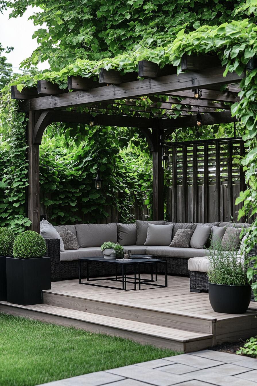 backyard pergola on a wooden deck with a step rustic beams top covered in vine modern sectional sofa black metal coffee table black planters 1