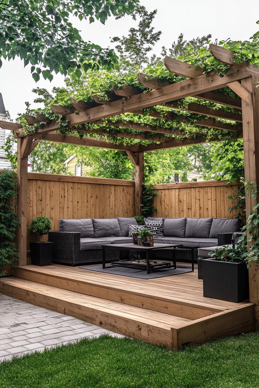 backyard pergola on a wooden deck with a step rustic beams top covered in vine modern sectional sofa black metal coffee table black planters 2