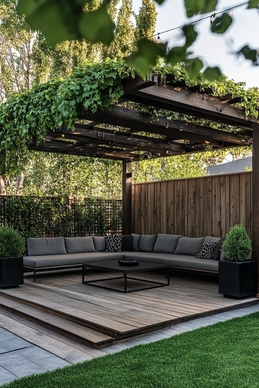 backyard pergola on a wooden deck with a step rustic beams top covered in vine modern sectional sofa black metal coffee table black planters 3