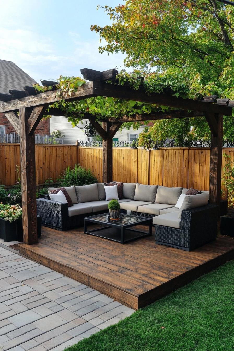 backyard pergola on a wooden deck with a step rustic beams top covered in vine modern sectional sofa black metal coffee table black planters