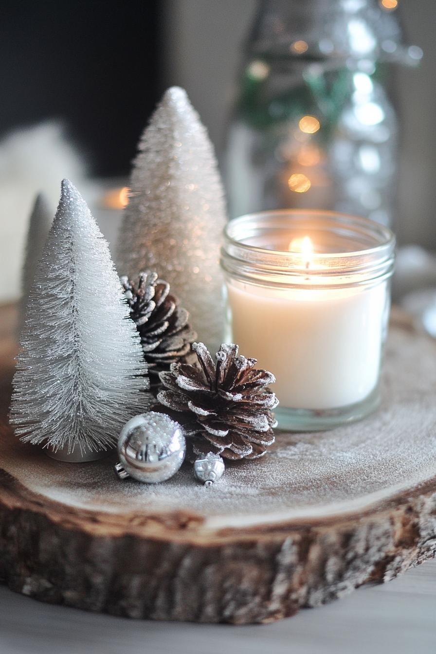 christmas table centerpiece with white faux tiny christmas trees silver pinecones in a jar scented candle all on a slice of wood trunk