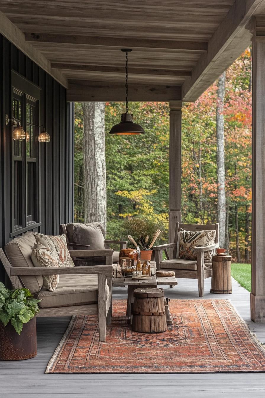 clapboard siding house porch with wood stain furniture area rug rustic style lighting 2