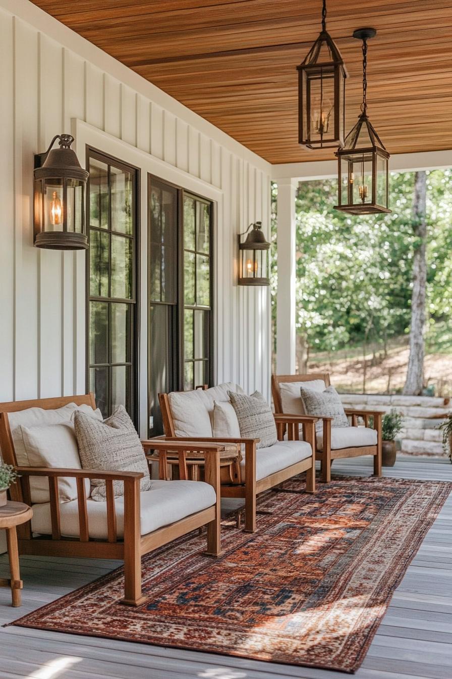 clapboard siding house porch with wood stain furniture area rug rustic style lighting 3