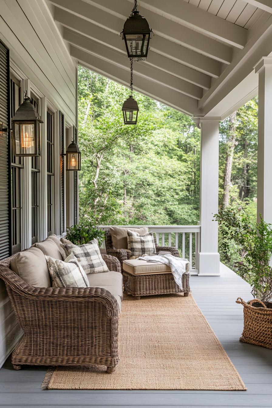 clapboard siding house porch with wood stain furniture area rug rustic style lighting