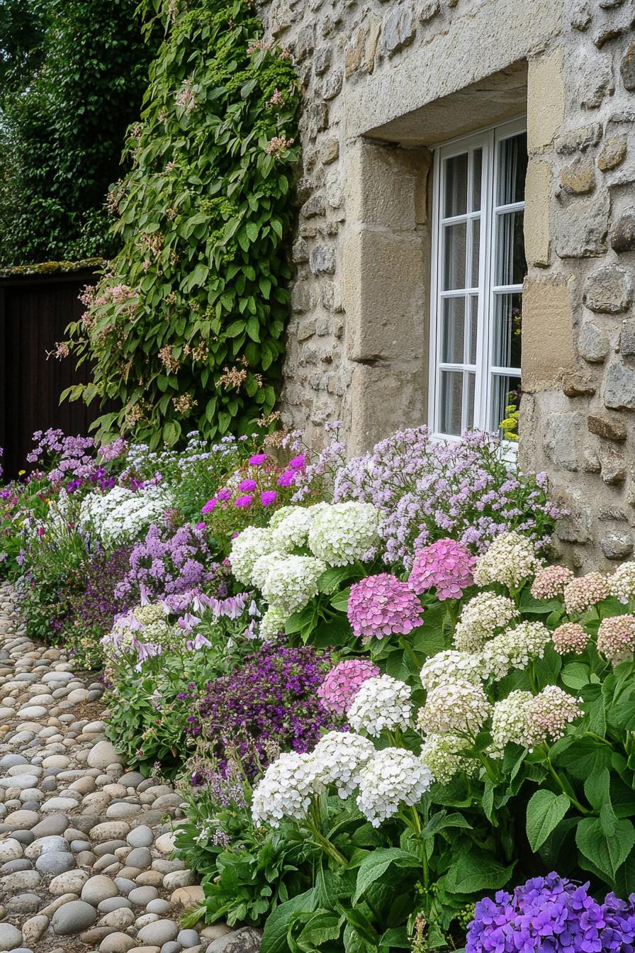 flower garden in front of a cottage front wall in stone siding flowers include hydrangeas veronicas gypsophilas dusty millers petunias and 1