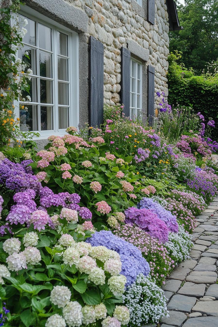 flower garden in front of a cottage front wall in stone siding flowers include hydrangeas veronicas gypsophilas dusty millers petunias and 2