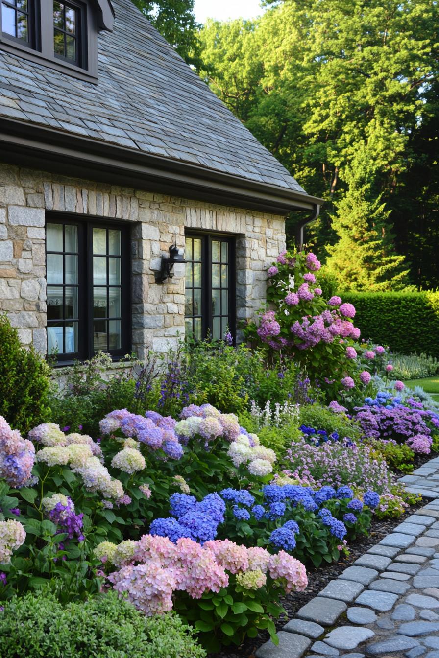 flower garden in front of a cottage front wall in stone siding flowers include hydrangeas veronicas gypsophilas dusty millers petunias and 3