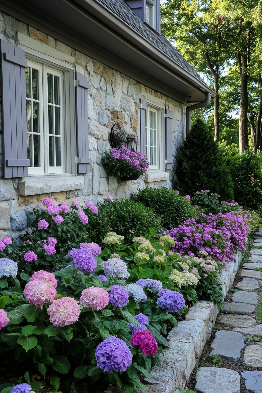 flower garden in front of a cottage front wall in stone siding flowers include hydrangeas veronicas gypsophilas dusty millers petunias and