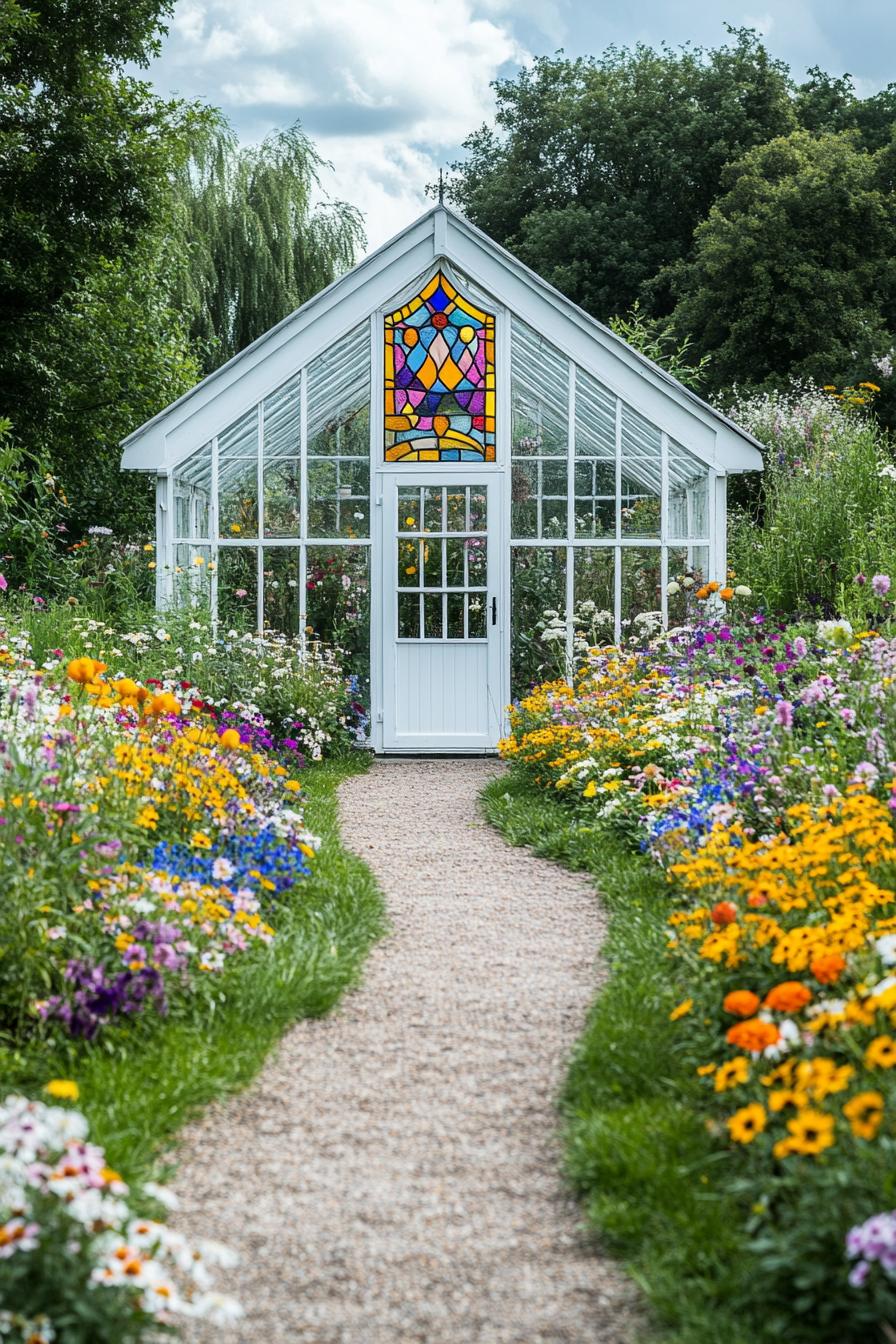 flower garden with flowers of various colors wildflowers ornamental grasses curved grass path leading to a glass greenhouse in white frame pitched