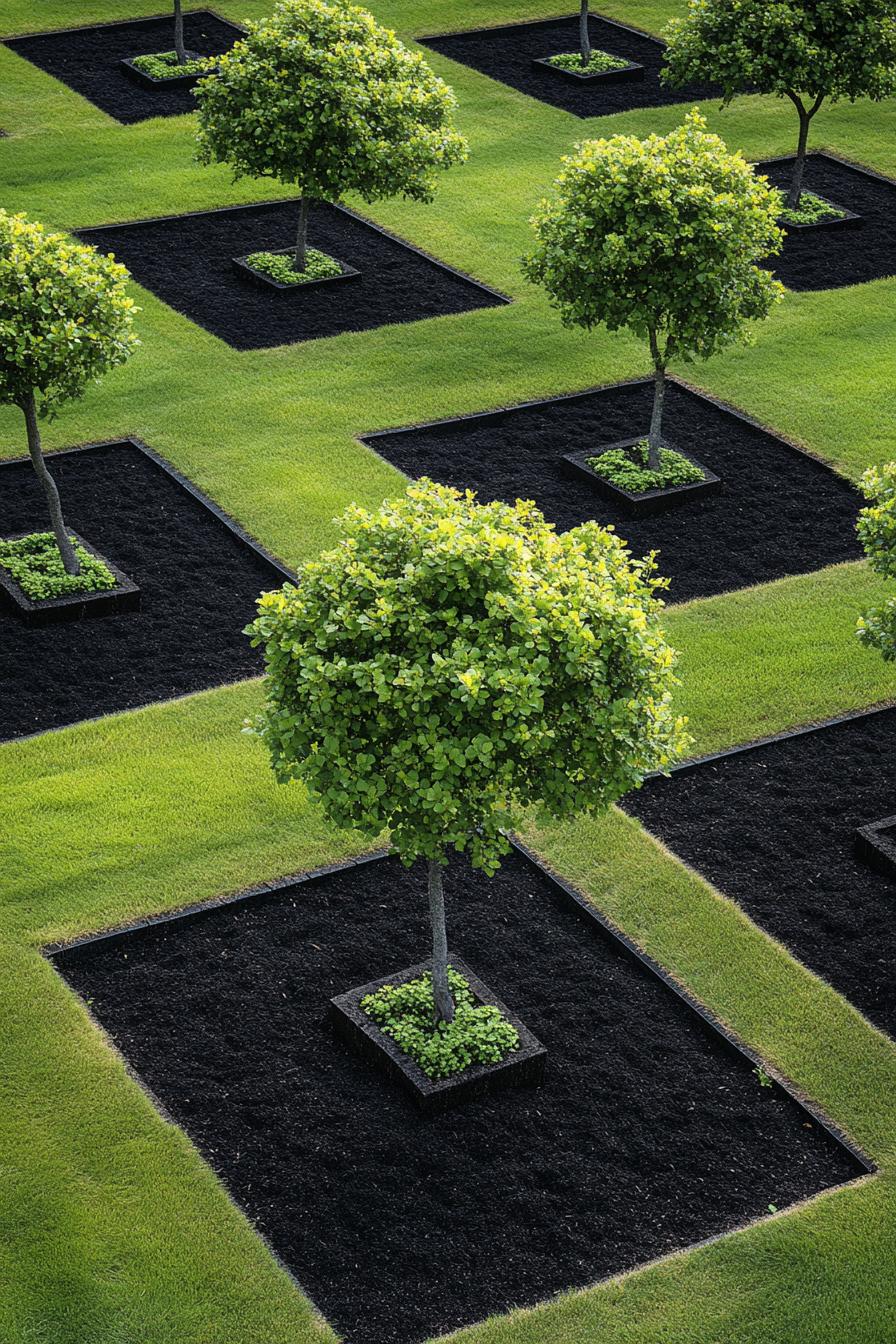 garden lawn with many symmetrically squared off dark mulch patches with a tree in each