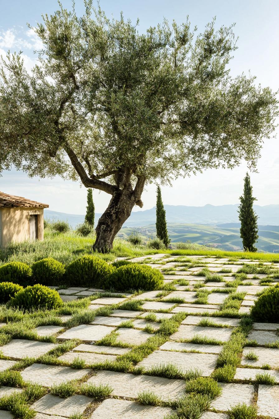 mediterranean landscape around an old olive tree there are rounded shrubs stone paved ground with grass between tiles italian cypress in the 1