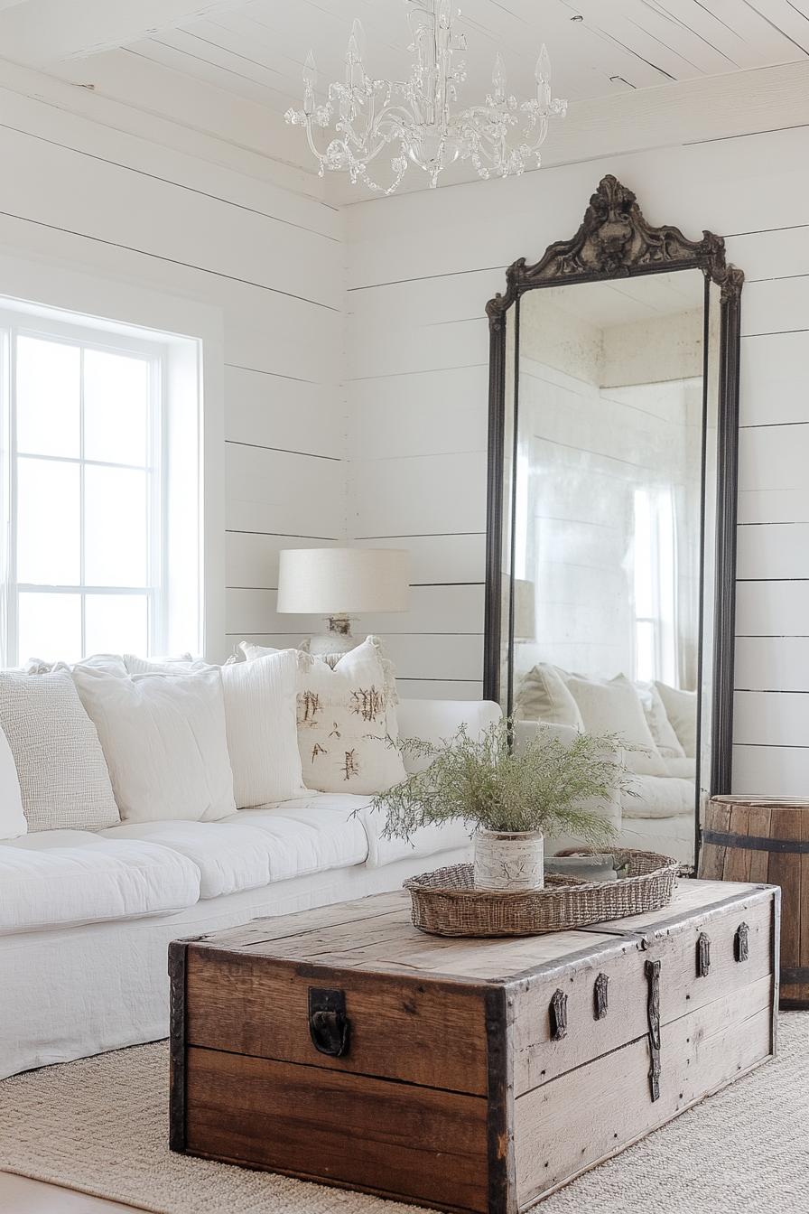 modern farmhouse living room with white shiplap walls white ceiling candelabra chandelier white sofa with rustic trunk side table large farmhouse