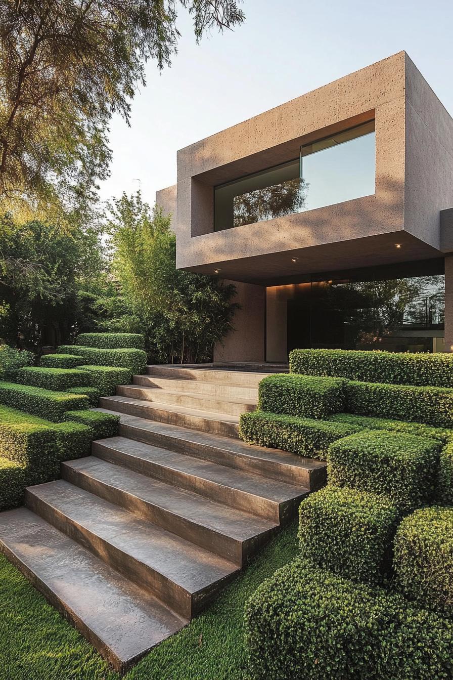 modern house front yard with geometric bush hedges 1