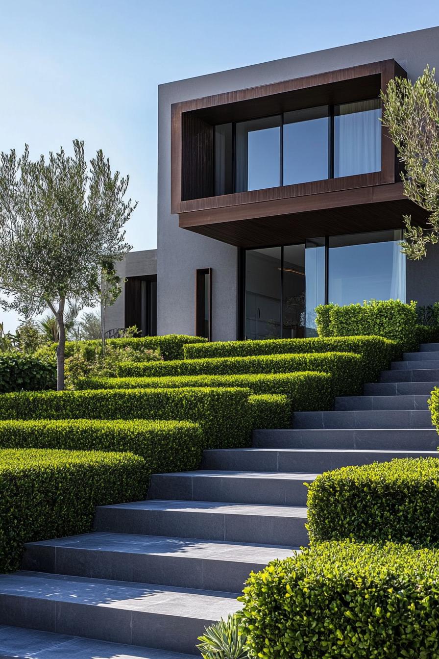 modern house front yard with geometric bush hedges 2