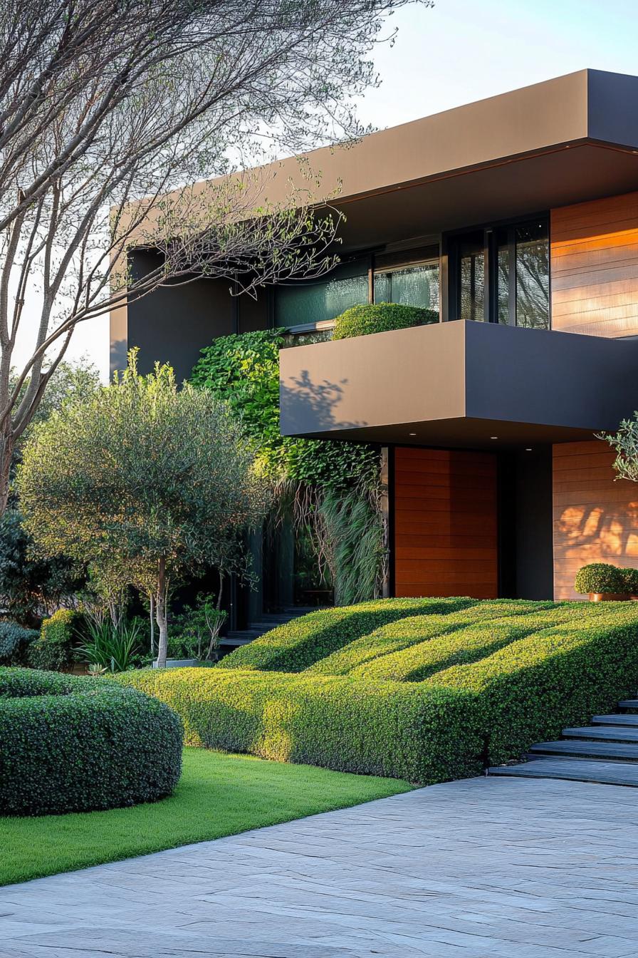 modern house front yard with geometric bush hedges