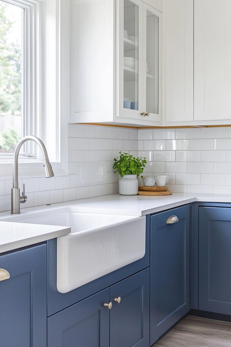 modern kitchen with blue lower cabinets in Behr Adirondack color upper white cabinets white apron sink