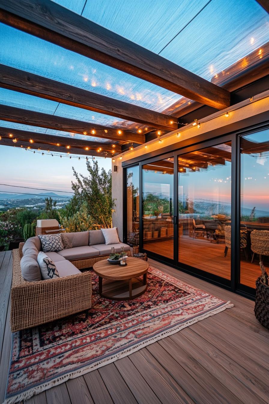 patio deck of a modern house with sliding glass doors the patio has natural wood deck and cover structure made of natural wood beams the roof of the 1