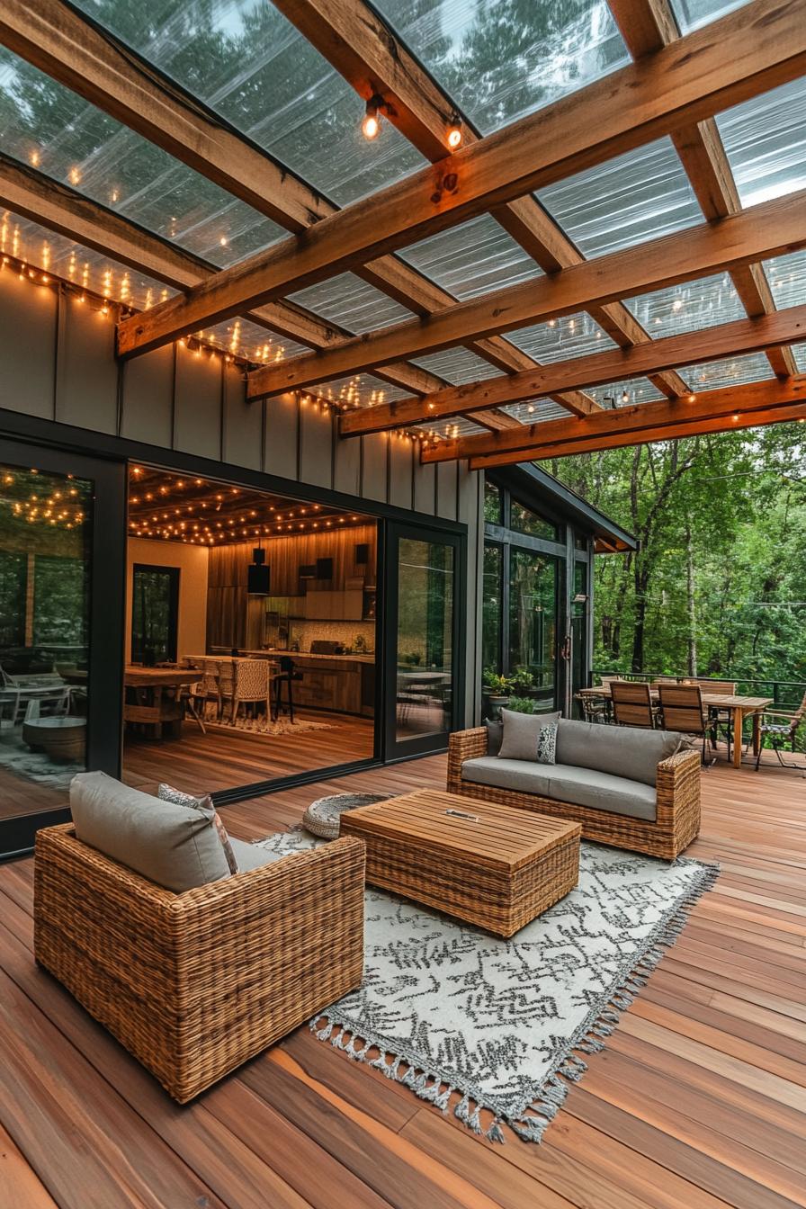 patio deck of a modern house with sliding glass doors the patio has natural wood deck and cover structure made of natural wood beams the roof of the 2